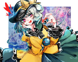 Rule 34 | 1girl, abstract background, black hat, blue background, border, bow, chin, collar, collared shirt, commentary request, diamond (shape), frilled shirt collar, frilled skirt, frilled sleeves, frills, green collar, green eyes, green hair, green skirt, hand on own chin, hat, hat bow, heart, heart in eye, heart of string, holding, holding heart, komeiji koishi, long sleeves, looking at viewer, one-hour drawing challenge, open mouth, red bow, shirt, short hair, skirt, smile, stitched eye, suzune hapinesu, symbol in eye, third eye, touhou, white border, wide sleeves, yellow bow, yellow shirt