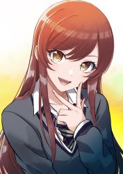 Rule 34 | 1girl, :d, brown eyes, brown hair, commentary request, eyelashes, gradient background, happy, highres, idolmaster, idolmaster shiny colors, long hair, looking at viewer, necktie, open mouth, osaki amana, school uniform, sketch, smile, solo, tsukikage oyama, yellow background