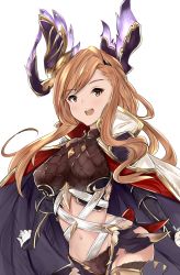 Rule 34 | 1girl, armor, belt, blush, breastplate, breasts, brown eyes, brown hair, cape, gloves, granblue fantasy, hair ornament, hairband, head wings, highres, hip focus, large breasts, long hair, looking at viewer, navel, nemun (tamizzz), open mouth, sidelocks, simple background, smile, solo, tweyen (granblue fantasy), white background, white cape, white gloves, wings