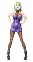 Rule 34 | 1girl, aishuu hebiko, alternate costume, bare shoulders, bodysuit, breasts, coke-bottle glasses, covered navel, glasses, green hair, hands on own hips, kagami hirotaka, large breasts, lilith-soft, long hair, looking at viewer, screencap, shiny clothes, shiny skin, skin tight, solo, standing, taimanin (series), taimanin asagi, taimanin rpgx, white background