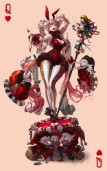 Rule 34 | 1girl, absurdres, animal ears, ankle ribbon, asymmetrical legwear, breasts, card, chain, cleavage, cleavage cutout, clothing cutout, collar, earrings, facial mark, fingernails, frilled collar, frilled cuffs, frilled leotard, frills, goblin, hair ornament, high heels, highres, holding, holding staff, jewelry, lace, lace-trimmed leotard, lace trim, large breasts, leg ribbon, leggings, leotard, light brown hair, long hair, looking at viewer, mismatched legwear, multicolored clothes, multicolored legwear, open mouth, original, playing card, poker chip, puhaaang, queen (playing card), queen of hearts (playing card), rabbit ears, red eyes, red leotard, ribbon, sharp fingernails, sharp teeth, simple background, staff, sword, teardrop facial mark, teardrop tattoo, teeth, thigh gap, twintails, weapon, white leggings