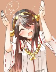 Rule 34 | 10s, 1girl, ^ ^, arms up, blush, brown hair, choker, closed eyes, detached sleeves, hair ornament, hairband, hairclip, haruna (kancolle), heart, heart-shaped lock, kantai collection, long hair, nontraditional miko, open mouth, rabbit pose, simple background, smile, solo, translation request, tsukui kachou
