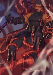 Rule 34 | 1boy, bara, bare shoulders, biceps, black hair, black shirt, bound, bound arms, bound legs, covered abs, dark-skinned male, dark skin, elbow gloves, facial hair, full body, gloves, highres, kihane atsusane, male focus, muscular, muscular male, original, paid reward available, pectorals, paid reward available, saliva, shirt, short hair, skin tight, sleeveless, sleeveless shirt, solo, spiked hair, spread legs, stubble, taut clothes, taut shirt, tentacles, tentacles on male