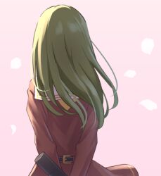 Rule 34 | 1girl, arms behind back, brown dress, commentary request, dress, facing away, floating hair, from behind, gradient background, graduation, green hair, hasu no sora school uniform, holding, link! like! love live!, long hair, long sleeves, love live!, lowres, neckerchief, oogami sachi, pink background, sailor collar, sailor dress, school uniform, solo, straight hair, tube, white sailor collar, winter uniform, yellow neckerchief, yutuki ame