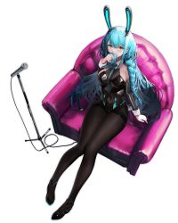 Rule 34 | 1girl, animal ears, azur lane, black leotard, black pantyhose, blue hair, bodystocking, boise (azur lane), boise (sheepish sapphire) (azur lane), breasts, detached sleeves, fake animal ears, from above, haori io, highres, leotard, long hair, looking at viewer, medium breasts, microphone, microphone stand, official alternate costume, official art, pantyhose, rabbit ears, solo, thighband pantyhose, transparent background, yellow eyes