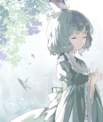 Rule 34 | 1girl, bug, butterfly, closed eyes, dress, green dress, green hair, hat, hat ribbon, insect, juliet sleeves, long sleeves, own hands clasped, own hands together, puffy sleeves, reeh (yukuri130), ribbon, soga no tojiko, solo, touhou, wide sleeves