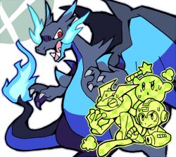 Rule 34 | 1boy, :o, android, arm cannon, blue fire, burning, charizard, claws, closed eyes, commentary request, creatures (company), cropped torso, dragon wings, fire, game freak, gen 1 pokemon, gen 6 pokemon, greninja, helmet, holding, holding wand, kirby, kirby (series), long tongue, mega charizard x, mega man (character), mega man (classic), mega man (series), mega pokemon, nintendo, open mouth, pokemon, pokemon (creature), red eyes, sharp teeth, shoes, simple background, smash ball, star rod, super smash bros., sweat, teeth, teijiro, tongue, wand, weapon, white background, wings
