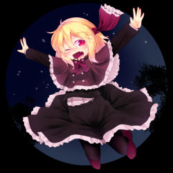 Rule 34 | 1girl, black pantyhose, black skirt, black vest, blonde hair, capelet, dress shirt, fang, frilled capelet, frilled skirt, frills, full body, hair ribbon, long sleeves, no nose, one eye closed, open mouth, outstretched arms, pantyhose, razy (skuroko), red eyes, red footwear, red ribbon, ribbon, rumia, shirt, shoes, short hair, skirt, skirt set, solo, spread arms, star (sky), touhou, vest