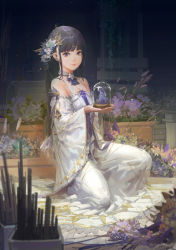 Rule 34 | 1girl, bare shoulders, black eyes, black hair, breasts, cleavage, closed mouth, commentary request, detached collar, detached sleeves, dress, flower, flower pot, hair flower, hair ornament, highres, holding, indoors, light particles, lips, long dress, long hair, looking at viewer, on one knee, original, purple flower, sleeveless, sleeveless dress, smile, solo, spotlight, vase, white dress, youshun (naturaljuice)
