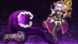 Rule 34 | 1girl, absurdres, black gloves, black legwear, bow, copyright name, dark background, dress, frown, full body, gloves, gozas99, hands up, heroes of the storm, highres, huge filesize, logo, long sleeves, looking at viewer, open mouth, orphea (heroes of the storm), purple bow, purple hair, red eyes, sharp teeth, solo, standing, teeth, tiara, wrist cuffs