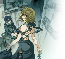 Rule 34 | 00s, 1boy, 1girl, ass, athrun zala, bare shoulders, blonde hair, blue hair, breasts, cagalli yula athha, from behind, gundam, gundam seed, gundam seed destiny, indoors, looking at viewer, looking back, industrial pipe, shaded face, short hair, side slit, sideboob, sitting, standing, tenkuu sphere, thigh strap, thighs, yellow eyes