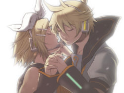 Rule 34 | 1boy, 1girl, blonde hair, brother and sister, chika (piapro), closed eyes, hair ornament, hair ribbon, hairclip, headphones, headset, hetero, imminent kiss, incest, kagamine len, kagamine rin, open mouth, ribbon, shitsuki chika, short hair, siblings, simple background, twincest, twins, vocaloid
