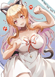Rule 34 | 1girl, animal ears, bare shoulders, blonde hair, breasts, cat ears, cat tail, cleavage, dress, highres, large breasts, mellow, paw print, pink eyes, solo, tail, vira (granblue fantasy), white dress