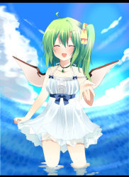 Rule 34 | 1girl, ^ ^, bad id, bad pixiv id, blue sky, blush, closed eyes, cloud, daiyousei, day, dress, closed eyes, female focus, fujishiro emyu, green hair, hair ornament, hair ribbon, hairpin, jewelry, necklace, open mouth, outstretched hand, pendant, ribbon, side ponytail, skirt, sky, smile, solo, strap slip, touhou, wading, water, white dress, white skirt, wings