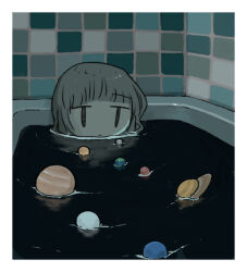 1girl bath bathing black_eyes border earth_(planet) expressionless grey_hair jitome jupiter_(planet) mars_(planet) mercury_(planet) neptune_(planet) original planet saturn_(planet) solo surreal umi_ha_kirai uranus_(planet) venus_(planet) water white_border