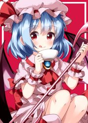 Rule 34 | 1girl, :q, ascot, bat wings, blue hair, closed mouth, cup, hat, hat ribbon, highres, holding, holding cup, holding polearm, holding weapon, looking at viewer, mob cap, pink hat, pink shirt, pink skirt, polearm, red ascot, red background, red eyes, red ribbon, remilia scarlet, ribbon, ruu (tksymkw), shirt, short hair, sitting, skirt, smile, solo, spear the gungnir, teacup, tongue, tongue out, touhou, weapon, wings, wrist cuffs