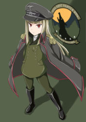 Rule 34 | 1girl, 505th joint fighter wing (emblem), arms behind back, bags under eyes, black footwear, black hat, blonde hair, blunt bangs, boots, closed mouth, epaulettes, full body, green background, green jacket, green pants, grete m. gollob, hat, highres, jacket, jacket on shoulders, knee boots, long hair, long sleeves, looking at viewer, military, military hat, military uniform, pants, peaked cap, red eyes, serious, simple background, solo, standing, strike witches, uniform, wan&#039;yan aguda, world witches series