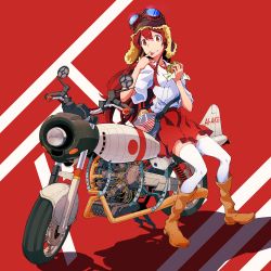 Rule 34 | 10s, 1girl, :q, akagi (kancolle), bad id, bad pixiv id, boots, brown eyes, brown hair, burger, food, goggles, goggles on head, holding, kantai collection, long hair, looking at viewer, md5 mismatch, motor vehicle, motorcycle, pleated skirt, resolution mismatch, rinta (reyte), sitting, sitting on object, skirt, smile, solo, source larger, thighhighs, tongue, tongue out, vehicle, white thighhighs, zettai ryouiki