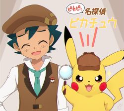 Rule 34 | 1boy, ash ketchum, brown headwear, closed eyes, commentary request, creatures (company), detective pikachu, game freak, gen 1 pokemon, highres, kouzuki (reshika213), magnifying glass, nintendo, open mouth, pikachu, pokemon, pokemon (anime), pokemon (creature), raised eyebrows, shirt, sleeves rolled up, speech bubble, sweatdrop, tongue, translation request, upper body, white shirt