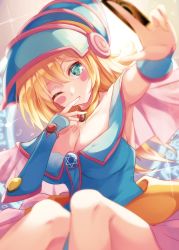 Rule 34 | 1girl, armpits, bare shoulders, blonde hair, blush stickers, breasts, capelet, card, choker, cleavage, collarbone, dark magician girl, duel monster, finger in own mouth, foreshortening, green eyes, hat, highres, holding, holding card, igayan, knees up, large breasts, long hair, looking at viewer, magic circle, one eye closed, pentacle, sideboob, solo, vambraces, wizard hat, yu-gi-oh!