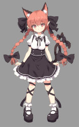Rule 34 | 1girl, alternate costume, animal ear fluff, animal ears, black footwear, black ribbon, black skirt, braid, breasts, cat ears, cat tail, expressionless, frilled skirt, frills, full body, hair ribbon, head tilt, highres, kaenbyou rin, long hair, looking at viewer, maid, mary janes, medium breasts, pigeon-toed, pointy ears, puffy short sleeves, puffy sleeves, red eyes, red hair, ribbon, shoes, shone, short sleeves, sketch, skirt, socks, solo, standing, tail, touhou, twin braids, twintails, white socks, wrist cuffs