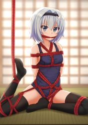 Rule 34 | 10s, 1girl, arms behind back, backlighting, bare shoulders, bdsm, black hairband, black thighhighs, blue eyes, blue one-piece swimsuit, blurry, blurry background, blush, bondage, bound, bound ankles, bound arms, bound legs, breasts, collarbone, competition school swimsuit, covering own mouth, depth of field, gag, hair ornament, hairband, highres, improvised gag, kazenokaze, leg up, looking at viewer, no shoes, on floor, one-piece swimsuit, red rope, rope, ryuuou no oshigoto!, school swimsuit, shibari, shibari over clothes, short hair, silver hair, sitting, small breasts, snowflake hair ornament, solo, sora ginko, spread legs, swimsuit, tatami, thighhighs, v-shaped eyebrows
