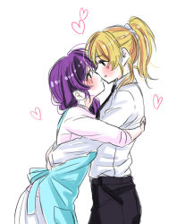 Rule 34 | 2girls, apron, ayase eli, blonde hair, blush, couple, e len, hair ornament, highres, imminent kiss, looking at another, love live!, love live! school idol project, multiple girls, pants, purple hair, ribbon, scrunchie, simple background, tojo nozomi, yuri