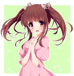 Rule 34 | 10s, 1girl, blunt bangs, blush, bow, breasts, brown eyes, brown hair, commentary request, dress, green background, hair bow, hands on own chest, idolmaster, idolmaster cinderella girls, long hair, looking at viewer, medium breasts, ogata chieri, outline, own hands together, pink bow, pink dress, puffy short sleeves, puffy sleeves, raised eyebrows, short sleeves, simple background, solo, tareme, transparent background, twintails, upper body, usamata, white outline