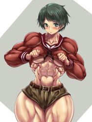 Rule 34 | 10s, abs, breasts, extreme muscles, kantai collection, mogami (kancolle), muscular, purukogi (plasma beach), simple background
