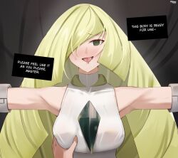 Rule 34 | 1girl, 1other, bare shoulders, blonde hair, breasts, creatures (company), empty eyes, english text, eroborne, game freak, green eyes, hair over one eye, hand on another&#039;s chest, highres, hypnosis, long hair, lusamine (pokemon), mind control, nintendo, pokemon, pokemon sm, saliva, swept bangs, upper body