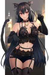 Rule 34 | 1girl, animal ears, black bra, black choker, black gloves, black hair, black thighhighs, blush, bra, breasts, cat ears, cat tail, choker, cleavage, closed mouth, collarbone, cowboy shot, elbow gloves, fishnet thighhighs, fishnets, garter straps, gloves, hair between eyes, highres, kantai collection, kasumi (skchkko), large breasts, long hair, looking at viewer, nagato (kancolle), red eyes, smile, solo, tail, thighhighs, tongue, tongue out, underwear