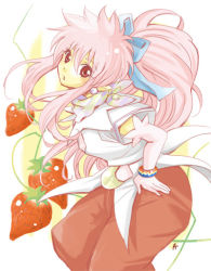 Rule 34 | 1girl, arche klein, elbow gloves, food, fruit, gloves, long hair, pants, pink eyes, pink hair, ponytail, red pants, scarf, solo, strawberry, tales of (series), tales of phantasia, wide ponytail