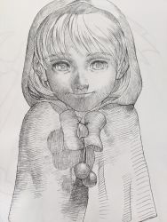 Rule 34 | 1girl, bengus, bulleta, capcom, cloak, closed mouth, greyscale, hatching (texture), highres, hood, hood up, hooded cloak, looking at viewer, monochrome, official art, simple background, sketch, smile, solo, takayuki nakayama, traditional media, transparent, upper body, vampire (game), white background