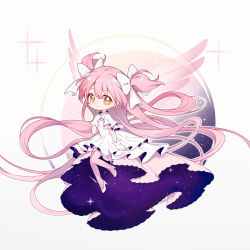 Rule 34 | 1girl, absurdly long hair, arm at side, chibi, choker, circle, cleavage cutout, closed mouth, clothing cutout, covered navel, dot nose, double exposure, dress, floating hair, full body, gloves, hair between eyes, hair ribbon, hand on own chest, hand up, high heels, highres, kaname madoka, knees together feet apart, layered dress, layered sleeves, long dress, long hair, looking at viewer, mahou shoujo madoka magica, nebula, nishina hima, outline, pink hair, pink thighhighs, pink wings, pumps, purple sky, ribbon, simple background, sky, smile, solo, space, sparkle, sparkle background, star (sky), starry sky, straight hair, tareme, thighhighs, transparent wings, two side up, ultimate madoka, very long hair, white background, white choker, white dress, white footwear, white gloves, white outline, white ribbon, wide sleeves, winged footwear, wings, yellow eyes, zettai ryouiki
