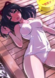 Rule 34 | 1girl, basin, black eyes, black hair, blush, breasts, cameltoe, cleft of venus, covered erect nipples, covered navel, hair ribbon, key, looking at viewer, lying, on back, one-piece swimsuit, onsen tengoku, open mouth, original, ribbon, school swimsuit, see-through, solo, swimsuit, white one-piece swimsuit, white school swimsuit