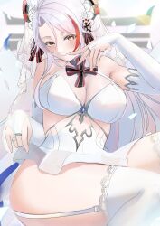 Rule 34 | 1girl, ass, azur lane, black ribbon, breasts, bridal gauntlets, brown eyes, cafenami, cleavage, closed mouth, cross, dress, flower, garter straps, grey hair, hair between eyes, hair flower, hair ornament, hair ribbon, headgear, highres, iron cross, jewelry, large breasts, long hair, mole, mole on breast, multicolored hair, multicolored ribbon, prinz eugen (azur lane), prinz eugen (symphonic fate) (azur lane), red hair, ribbon, ring, see-through, see-through cleavage, solo, streaked hair, thighhighs, white dress, white flower, white garter straps, white thighhighs