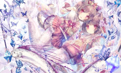 Rule 34 | 2girls, animal ears, bow, brown eyes, bug, butterfly, cat ears, cat tail, crystal, fish, flower, hair flower, hair ornament, bug, japanese clothes, light particles, looking at viewer, mermaid, monster girl, multiple girls, muted color, oarfish, obi, onineko, original, petticoat, pleated skirt, purple eyes, sash, skirt, smile, tail