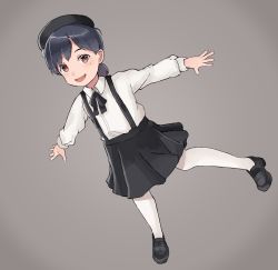Rule 34 | 1girl, alternate costume, beret, black footwear, black hair, black hat, black skirt, brown eyes, commentary request, full body, grey background, hat, hiburi (kancolle), highres, kantai collection, loafers, long sleeves, looking at viewer, low ponytail, nakano kiho, outstretched arms, pantyhose, shirt, shoes, short hair, simple background, skirt, smile, solo, suspender skirt, suspenders, white pantyhose, white shirt