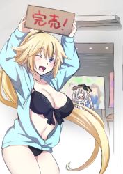 Rule 34 | 2girls, arms up, bare legs, bikini, black bikini, blonde hair, blue eyes, breasts, closed mouth, eyebrows hidden by hair, fate/grand order, fate (series), grey hair, hair between eyes, hair ribbon, hat, holding, jacket, jeanne d&#039;arc (fate), jeanne d&#039;arc (swimsuit archer) (fate), large breasts, long hair, looking at viewer, marie antoinette (fate), marie antoinette (fate/grand order), marie antoinette (swimsuit caster) (fate), mori marimo, multiple girls, one eye closed, open mouth, orange hair, ponytail, ribbon, smile, swimsuit, twintails