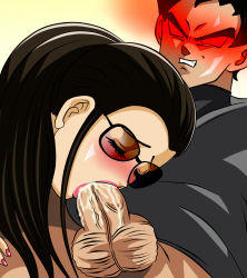 Rule 34 | 10s, 1boy, 1girl, black eyes, black hair, blush, bottomless, character request, close-up, closed eyes, cum, cum in mouth, dark-skinned male, dark skin, dicasty, dragon ball, dragon ball super, evil grin, evil smile, eyelashes, fellatio, glowing, glowing eyes, grin, hetero, highres, large penis, lipstick, long hair, makeup, nail polish, oral, penis, pink lips, pink nails, ponytail, smile, source request, sunglasses, tinted eyewear, uncensored, veins, veiny penis