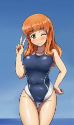 Rule 34 | 10s, 1girl, blush, breasts, brown eyes, brown hair, competition swimsuit, girls und panzer, hand on own hip, highres, long hair, looking at viewer, one-piece swimsuit, one eye closed, smile, solo, solokov (okb-999), swimsuit, takebe saori, v