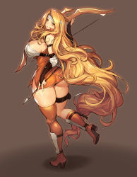 Rule 34 | 1girl, absurdly long hair, arrow (projectile), ass, blonde hair, boots, bow (weapon), breasts, bridal gauntlets, brigid (fire emblem), commission, curvy, dress, fingerless gloves, fire emblem, fire emblem: genealogy of the holy war, from behind, full body, gloves, gurimjang, headband, high heel boots, high heels, highres, holding, holding weapon, large breasts, long hair, looking back, low-tied long hair, miniskirt, nintendo, orange eyes, panties, pantyshot, pixiv commission, shadow, short dress, sideboob, simple background, skirt, solo, standing, standing on one leg, taut clothes, taut dress, thick thighs, thigh strap, thighs, underwear, very long hair, weapon, white headband, wide hips, yewfelle (fire emblem)