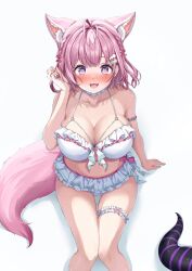 Rule 34 | 1girl, :3, animal ear fluff, animal ears, antenna hair, armlet, armpit crease, bare shoulders, bikini, blush, bow, braid, breasts, cameo, choker, cleavage, collarbone, commentary request, demon horns, extra ears, fang, fingernails, frilled bikini, frilled choker, frills, from above, hair between eyes, hair ornament, hair ribbon, hakui koyori, hakui koyori (3rd costume), heart, heart in eye, highres, hololive, horns, huge breasts, knees, la+ darknesss, legs, looking at viewer, medium hair, navel, o-ring, o-ring bikini, o-ring top, open mouth, pink bow, pink hair, pink ribbon, pink tail, purple eyes, purple horns, ribbon, simple background, sitting, smile, stomach, striped horns, swimsuit, symbol in eye, tail, takuty, thigh strap, thighs, two-tone horns, virtual youtuber, white background, white bikini, white choker, wolf ears, wolf girl, wolf tail