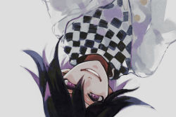 Rule 34 | 1boy, black hair, chachi (azuzu), checkered clothes, checkered scarf, commentary request, danganronpa (series), danganronpa v3: killing harmony, grey background, grey jacket, grin, hair between eyes, jacket, looking at viewer, male focus, oma kokichi, purple eyes, scarf, simple background, smile, solo, straitjacket, upper body, upside-down