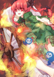 Rule 34 | 1girl, alternate costume, animal ears, braid, cat ears, cat girl, dress, female focus, fire, flaming skull, floating skull, green dress, hair ribbon, juliet sleeves, kaenbyou rin, long hair, long sleeves, looking at viewer, looking back, open mouth, outstretched arms, puffy sleeves, red eyes, red hair, ribbon, smile, solo, touhou, twin braids, wanmixia, wheelbarrow