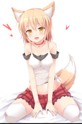 Rule 34 | 1girl, absurdres, aibumi, animal ears, bad id, bad nicoseiga id, bare shoulders, bell, between legs, blonde hair, blush, brown eyes, checkered clothes, checkered skirt, choker, collarbone, fang, fox ears, fox tail, hand between legs, heart, highres, jingle bell, kitsune, looking at viewer, off shoulder, open mouth, original, pen-zin, red skirt, shirt, simple background, sitting, skirt, solo, tail, thighhighs, tied shirt, wariza, white background, white thighhighs, zettai ryouiki