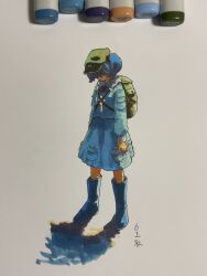 Rule 34 | 1girl, art tools in frame, backpack, bag, blue footwear, blue hair, blue shirt, blue skirt, boots, collared shirt, commentary request, flat cap, frilled shirt collar, frills, full body, green hat, hair bobbles, hair ornament, hair over eyes, hat, highres, kawashiro nitori, key, knee boots, long sleeves, looking down, marker, marker (medium), medium hair, no mouth, photo (medium), pocket, reflection, rubber boots, shiratama (hockey), shirt, signature, skirt, skirt set, solo, standing, touhou, traditional media, two side up