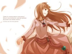 Rule 34 | 1girl, animal ears, ayakura juu, brown hair, character name, dress, floating hair, grin, highres, holo, long hair, looking away, novel illustration, official art, outstretched arm, pouch, red eyes, smile, solo, spice and wolf, standing, tail, very long hair, white background, wolf ears, wolf tail