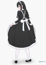 Rule 34 | 1girl, alternate costume, apron, black footwear, black hair, blue eyes, clothes lift, dress, dress lift, enmaided, from behind, full body, geometrie, glasses, highres, kantai collection, lifted by self, long hair, looking at viewer, maid, maid apron, maid headdress, mary janes, ooyodo (kancolle), pantyhose, shoes, simple background, smile, solo, white background, white pantyhose