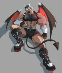 Rule 34 | 1boy, abs, absurdres, bara, bare pectorals, beard, black hair, bulge, chest hair, demon boy, demon horns, demon tail, demon wings, dolphin shorts, facial hair, full body, highres, horns, large pectorals, leg hair, male focus, manly, monster boy, muscular, navel, navel hair, nipples, pectorals, pointy ears, rollingstonex6, shoes, short hair, shorts, solo, tail, thick thighs, thighs, wings